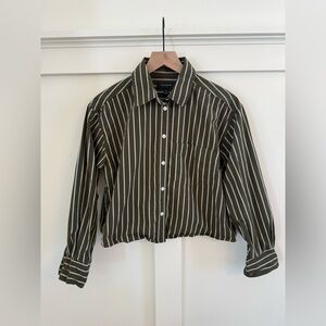 Banana Republic Boxy Crop Shirt Olive Green Striped • Size M • Great Condition